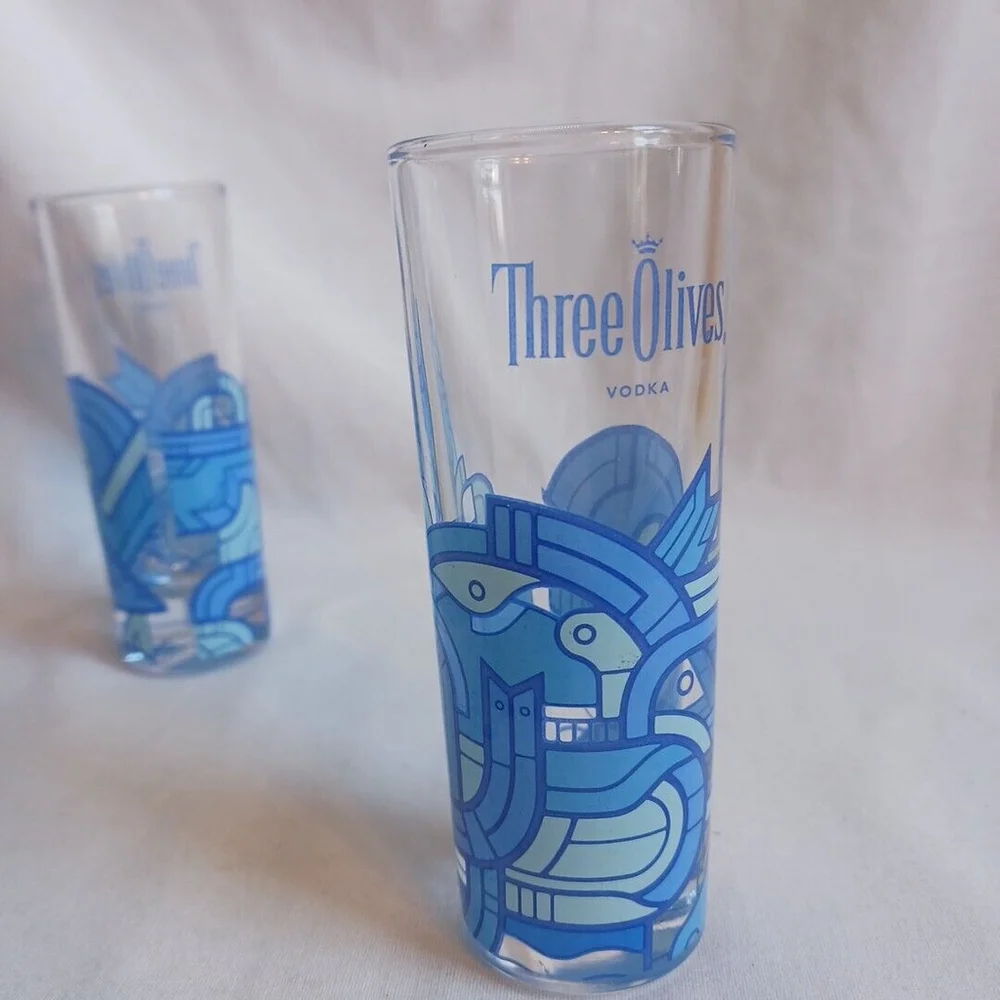 Three Olives Vodka Shot Glasses Blue Aztec Set of 2